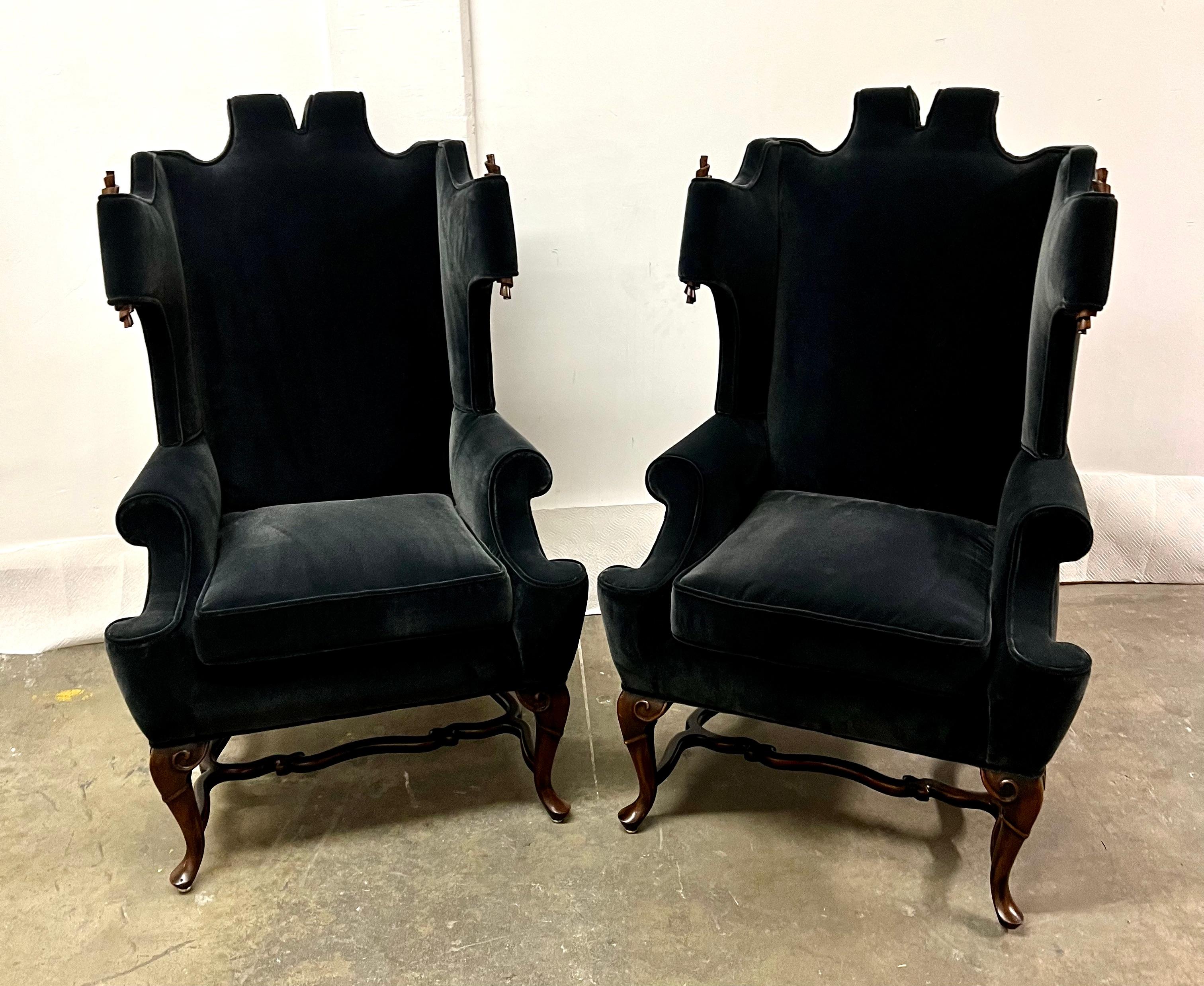 Pair of Georgian Style Wingback Chairs with Wood Scroll Detail in Mohair 11