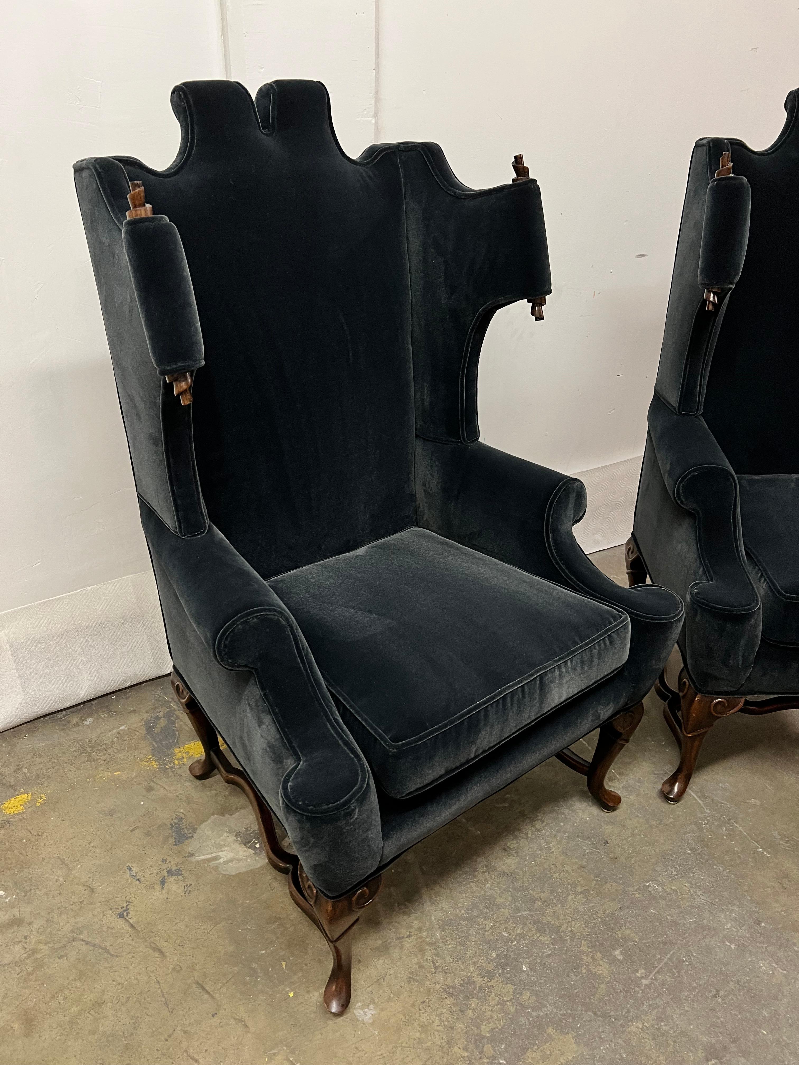 Pair of Georgian Style Wingback Chairs with Wood Scroll Detail in Mohair 12
