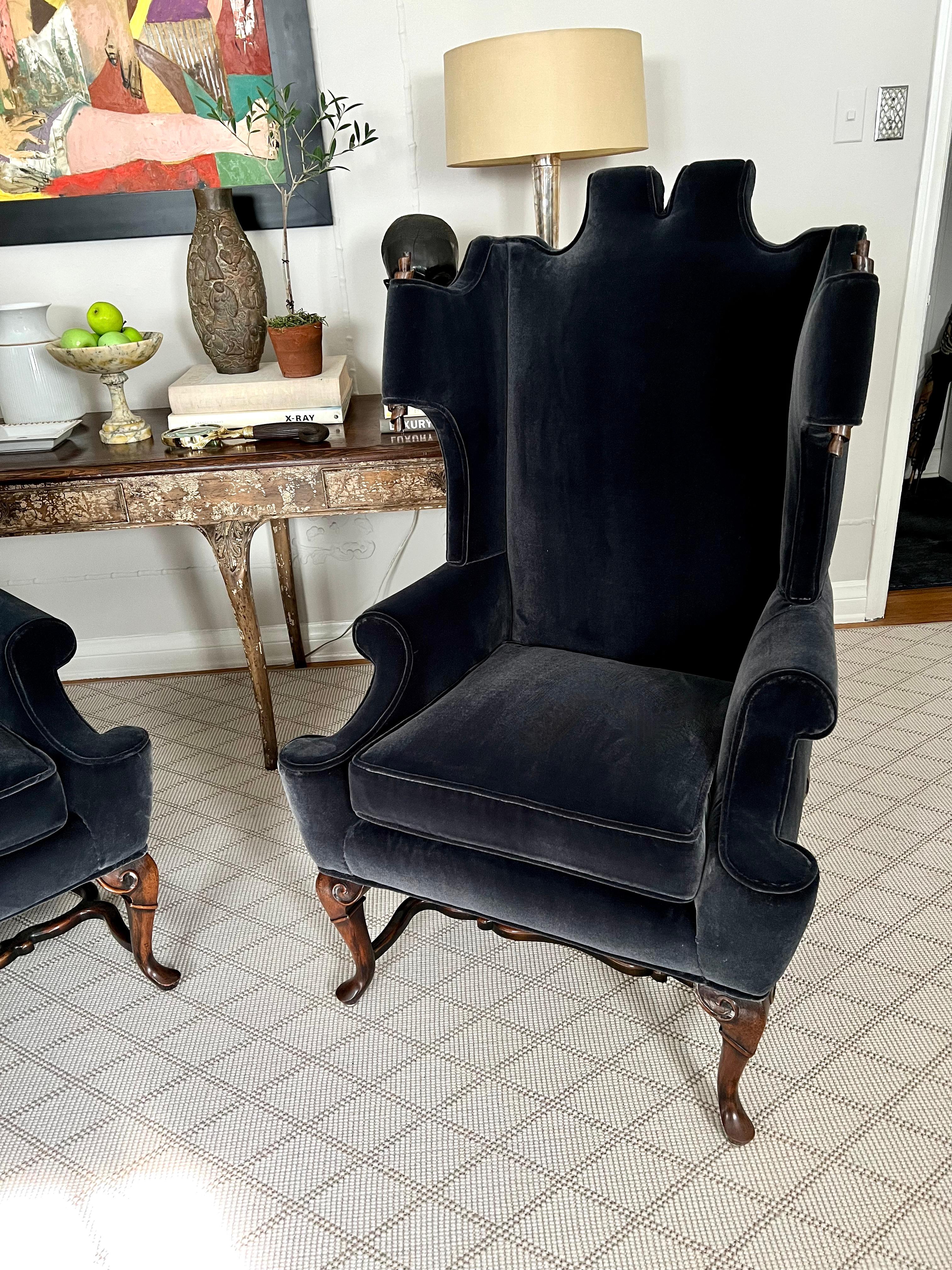 20th Century Pair of Georgian Style Wingback Chairs with Wood Scroll Detail in Mohair