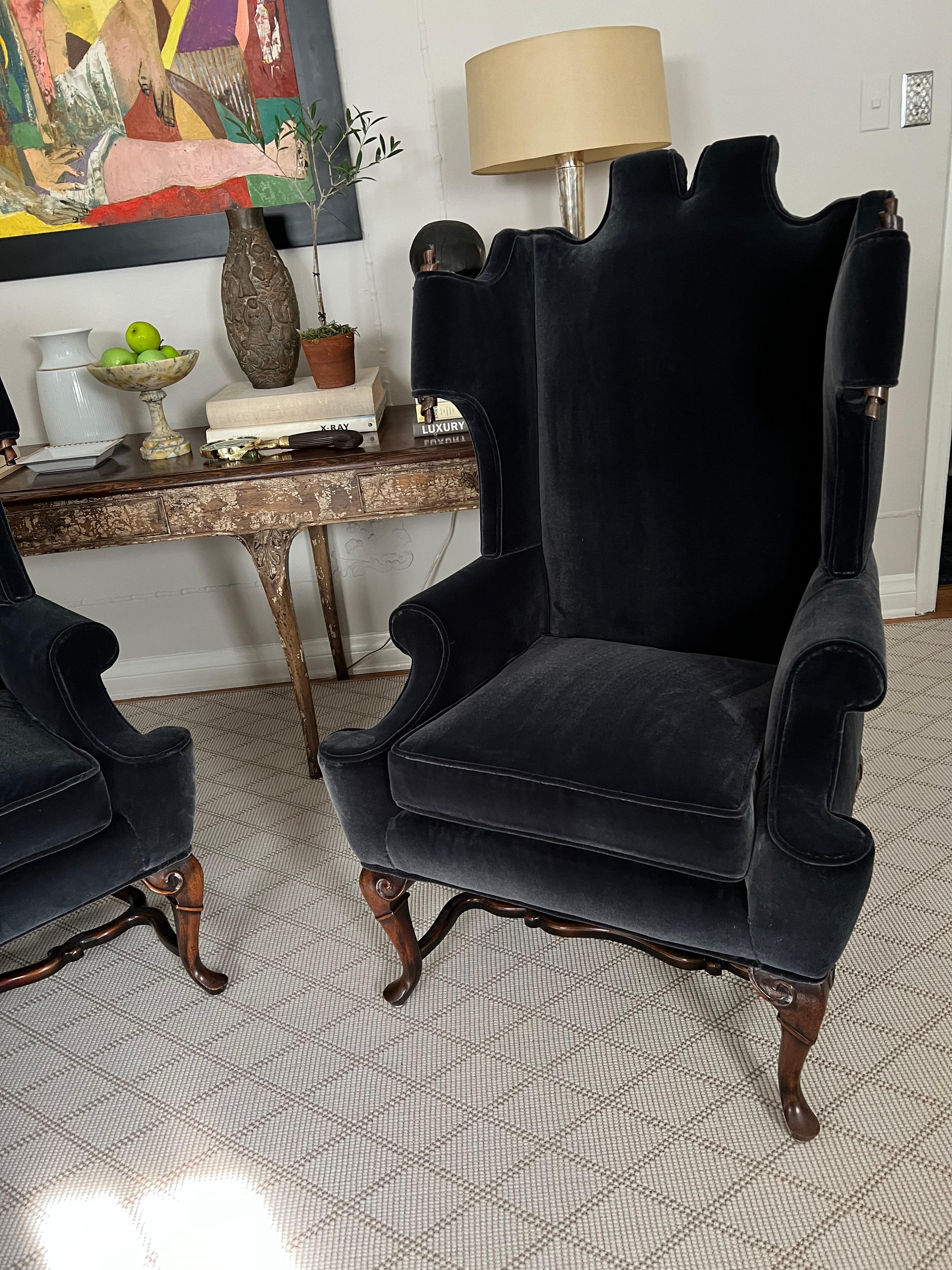 Upholstery Pair of Georgian Style Wingback Chairs with Wood Scroll Detail in Mohair