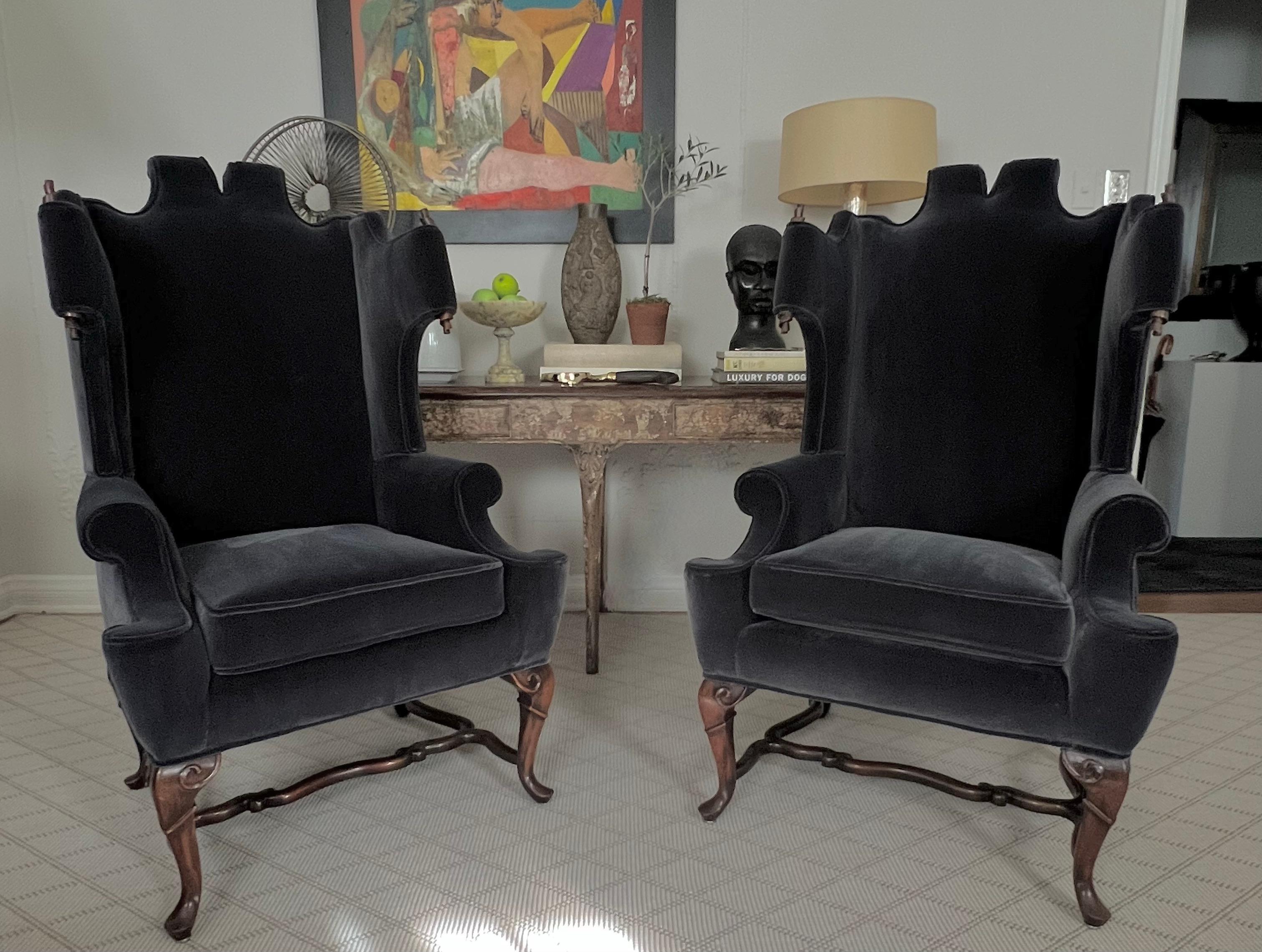 Pair of Georgian Style Wingback Chairs with Wood Scroll Detail in Mohair 1