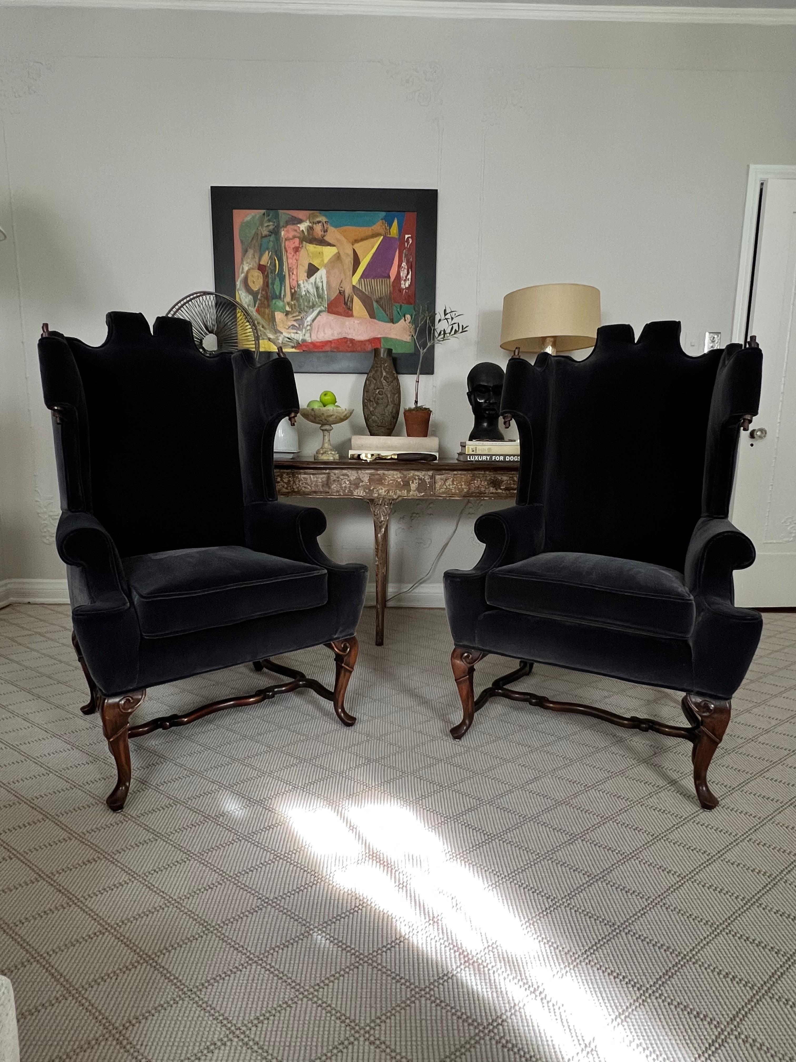 Pair of Georgian Style Wingback Chairs with Wood Scroll Detail in Mohair 2