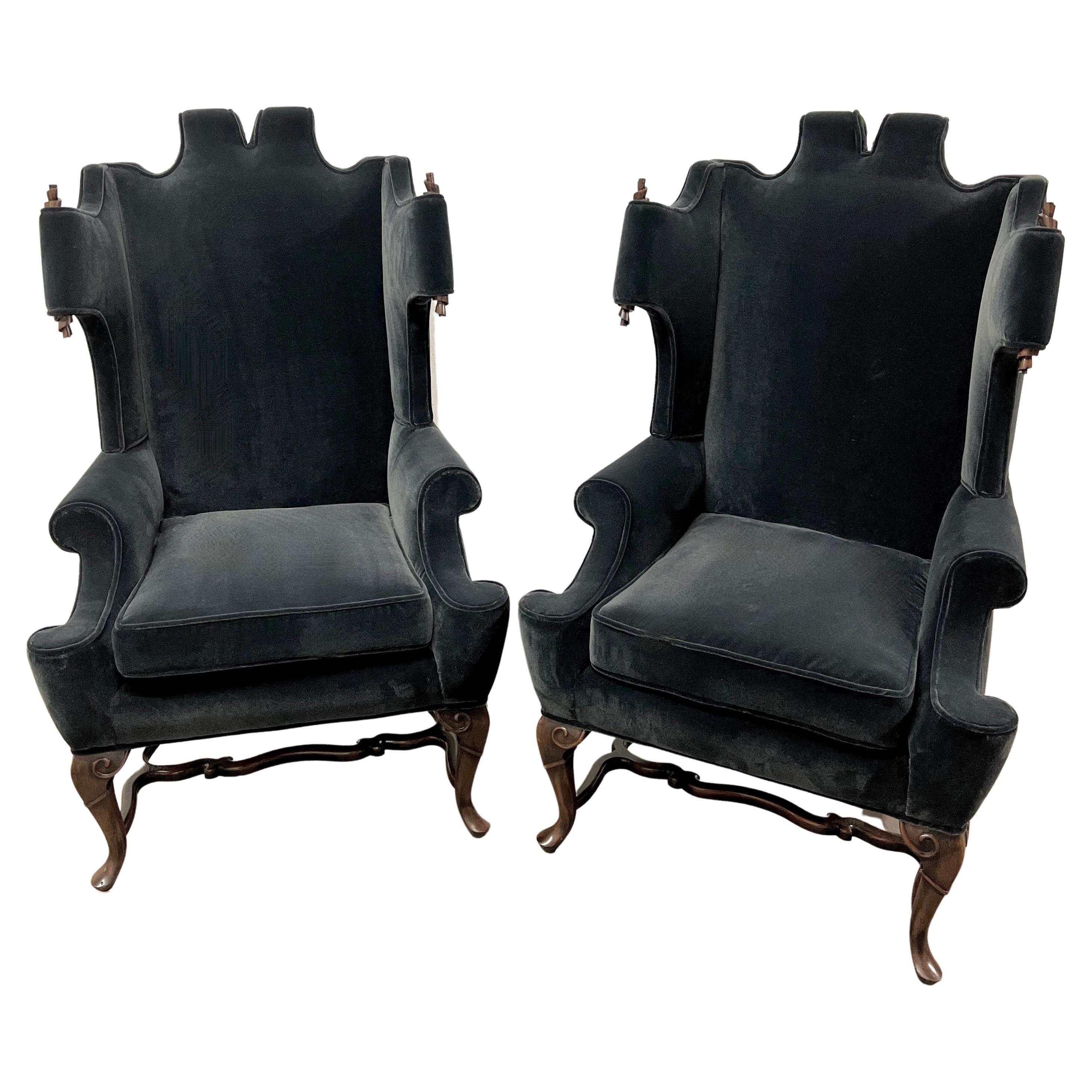 Pair of Georgian Style Wingback Chairs with Wood Scroll Detail in Mohair