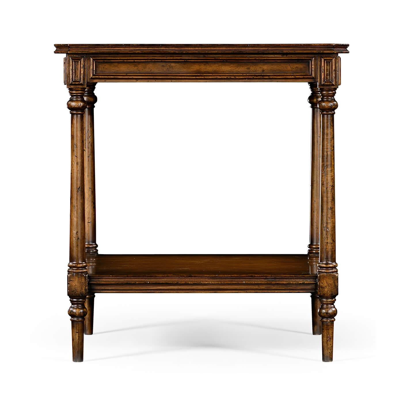Georgian style square walnut side tables, the top with canted corners set above a paneled frieze and turned baluster legs around an under tier.

Dimensions: 24