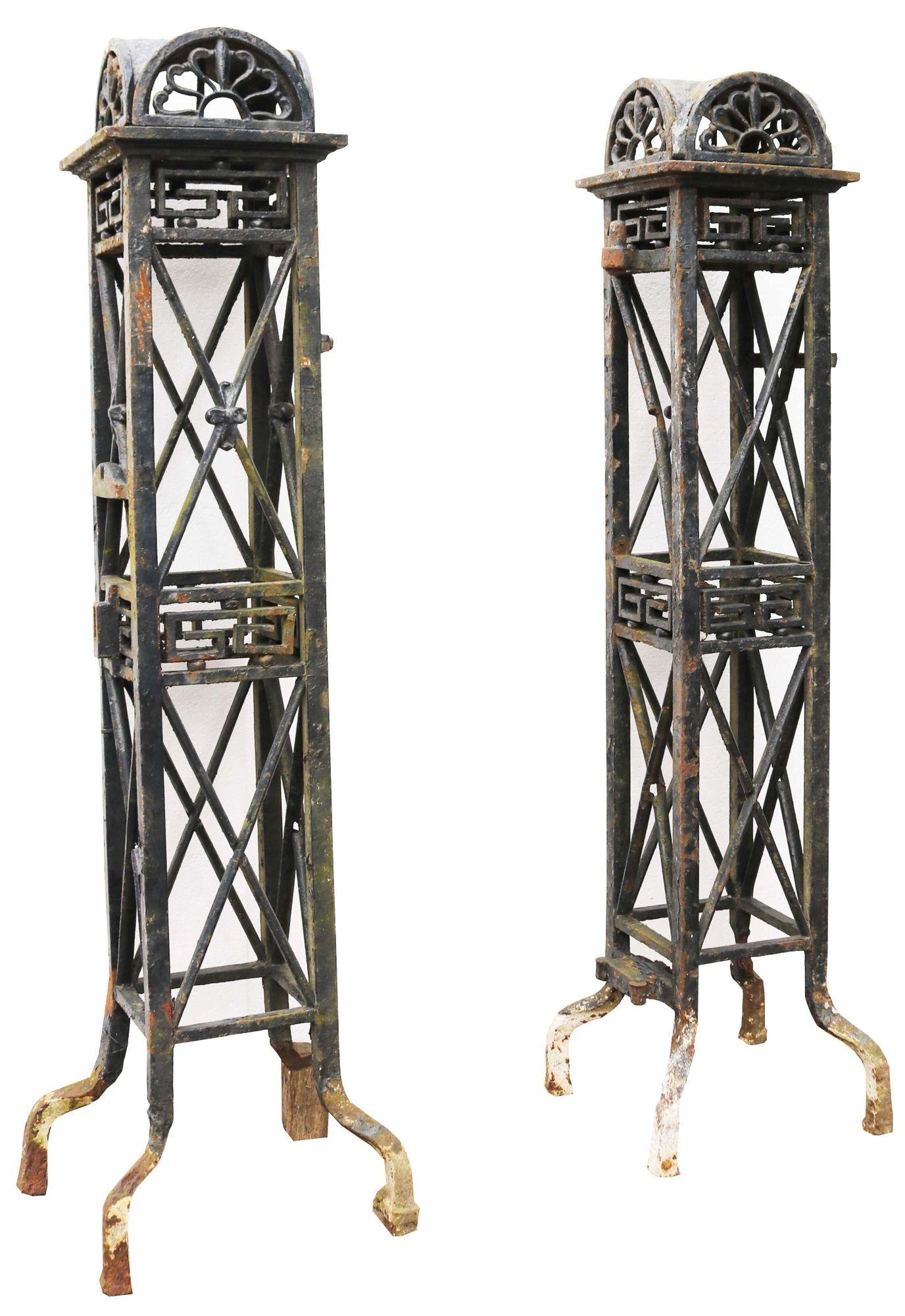 Pair of Georgian wrought iron gate posts. A set of tall, neoclassical style Georgian gate posts.