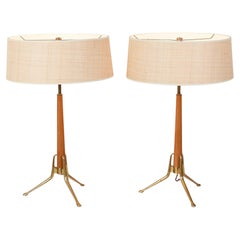 Pair of Gerald Thurston for Lightolier Brass and Walnut Tripod Table Lamps