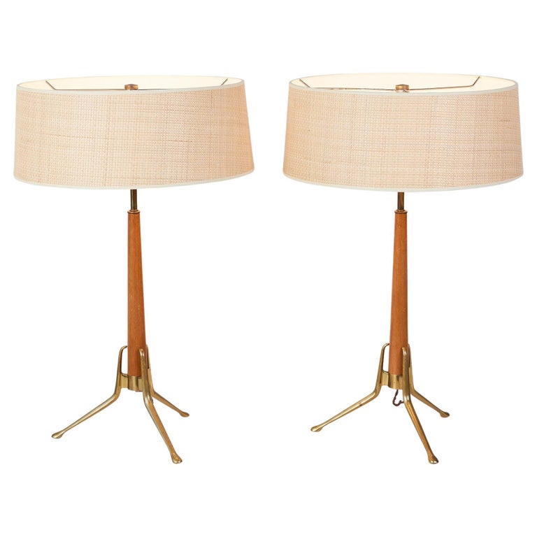 Pair of Gerald Thurston for Lightolier Brass and Walnut Tripod Table