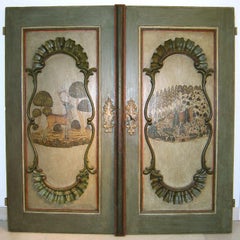Pair of German 18th Century Baroque Painted Doors Hunting Deer Stag
