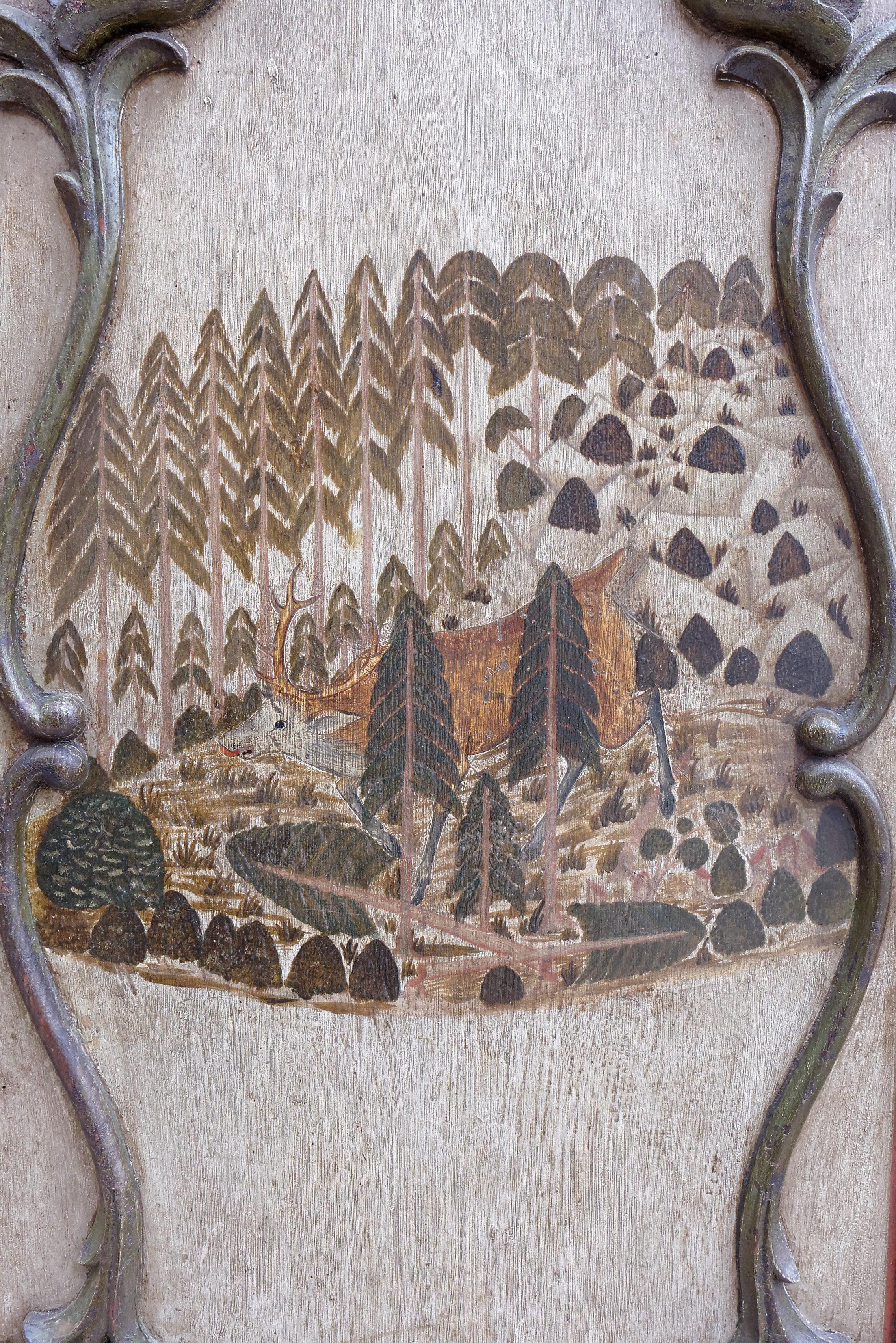 Wood Pair of German 18th Century Baroque Painted Doors Hunting Deer Stag