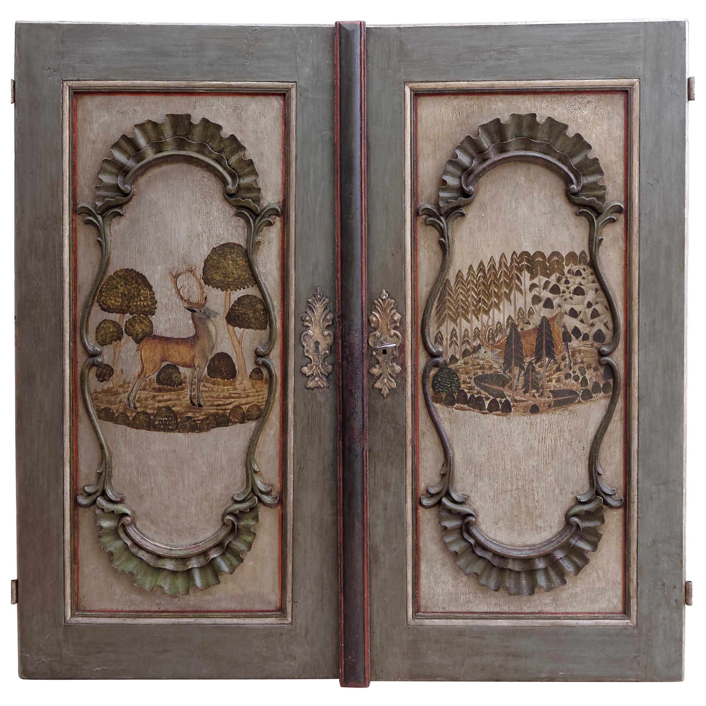 Pair of German 18th Century Baroque Painted Doors Hunting Deer Stag