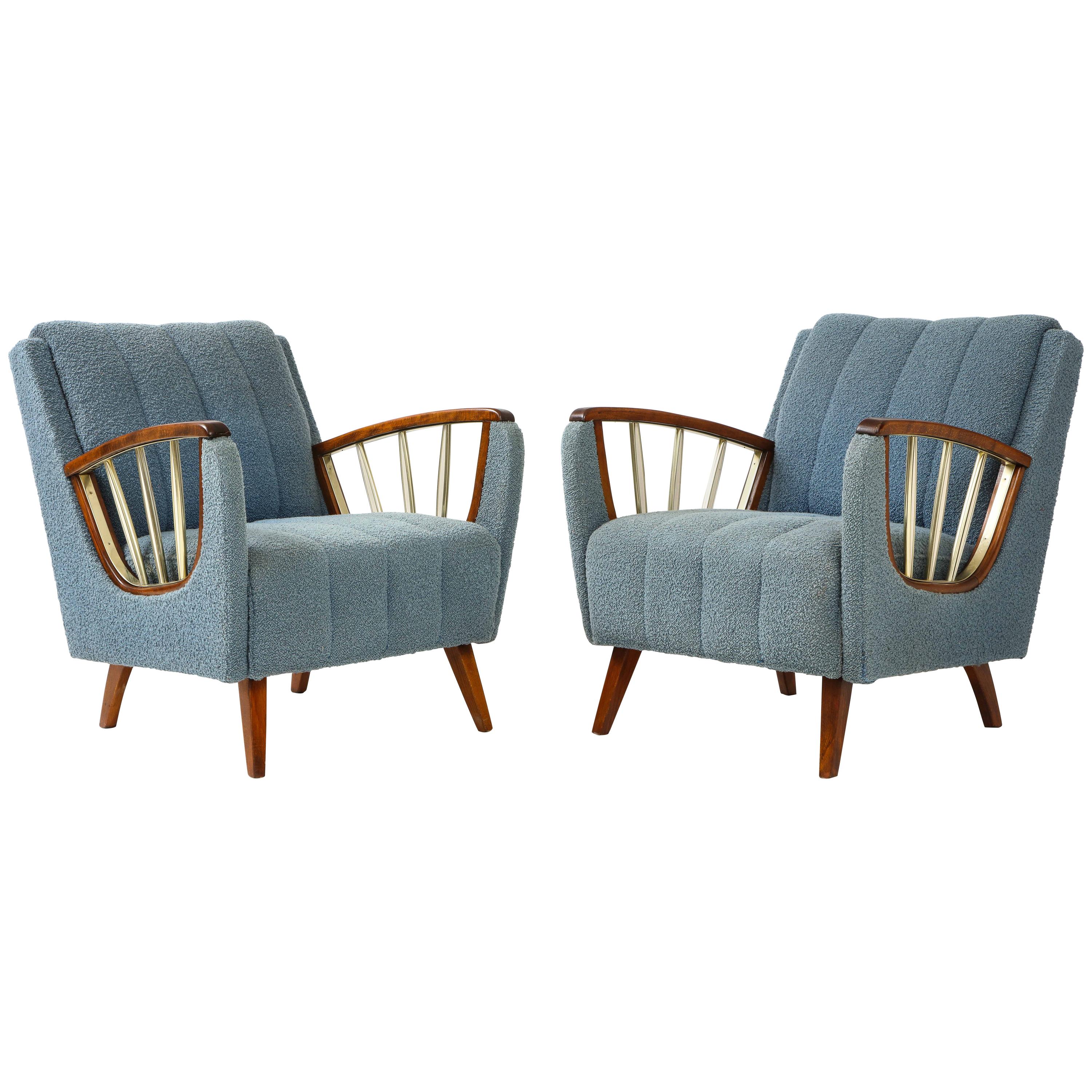 Pair of German 1950s Walnut and Brass Armchairs
