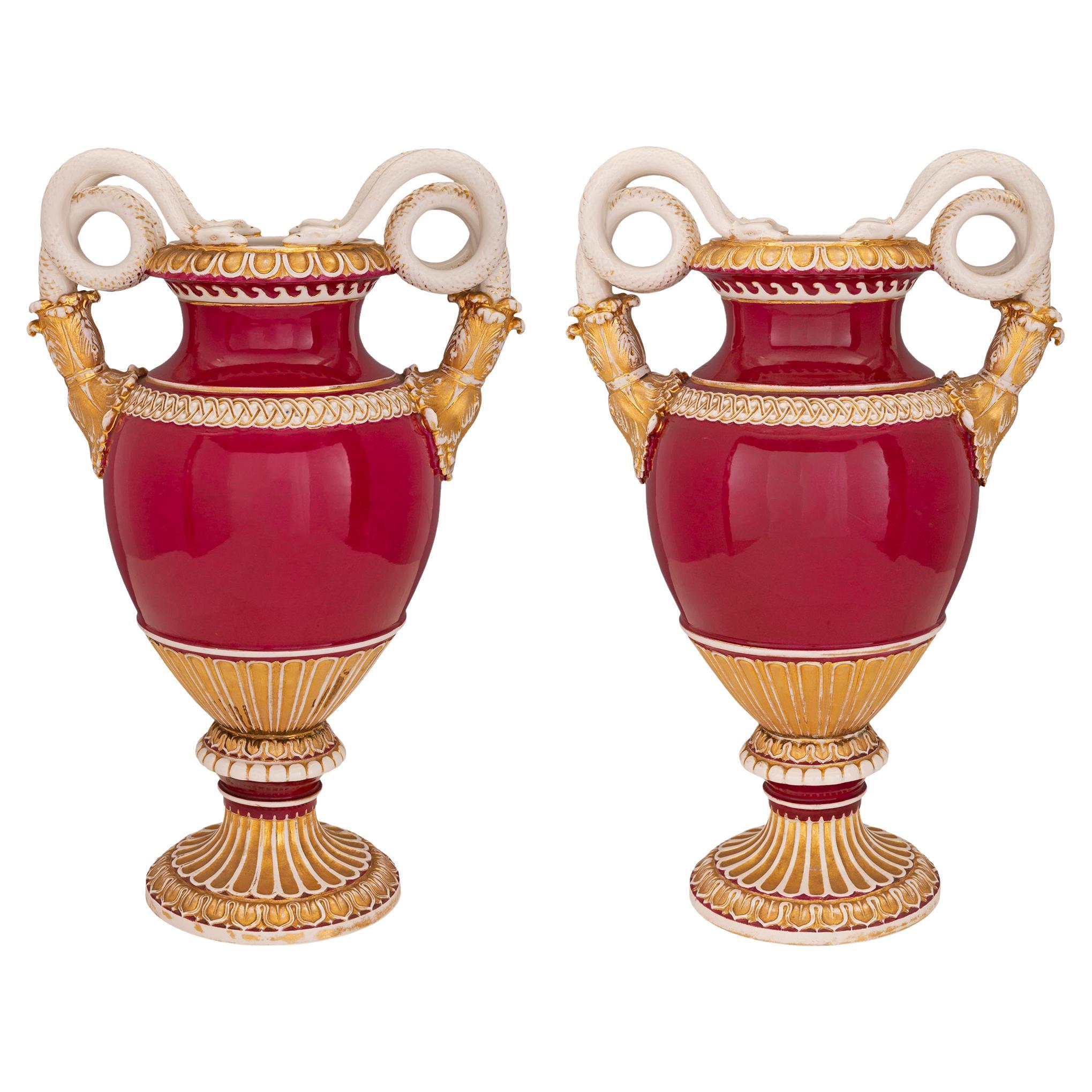 Pair of German 19th Century Neo-Classical St. Meissen Porcelain Urns For Sale
