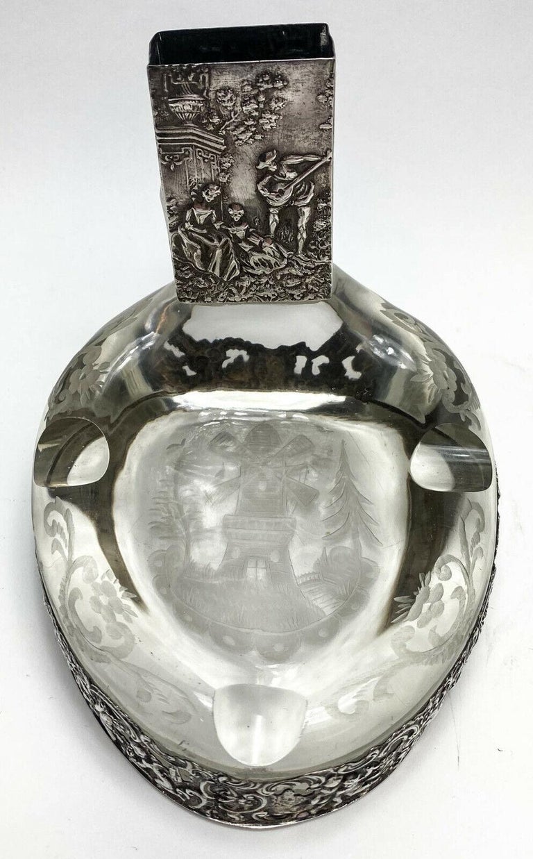 Pair of German 800 Silver Overlay Glass Ashtrays and Match Box