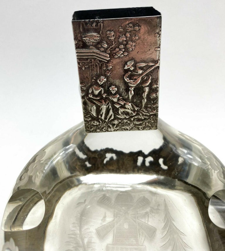 Pair of German 800 Silver Overlay Glass Ashtrays and Match Box