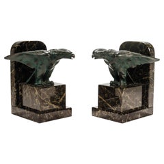 Pair of German Art Deco Bronze & Marble Eagle Form Bookends