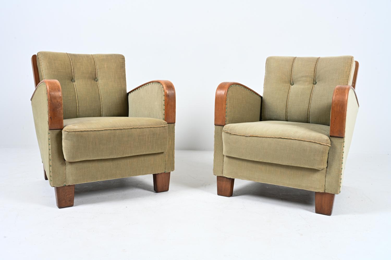 European Pair of German Art Deco Oak Easy Chairs, c. 1940's For Sale