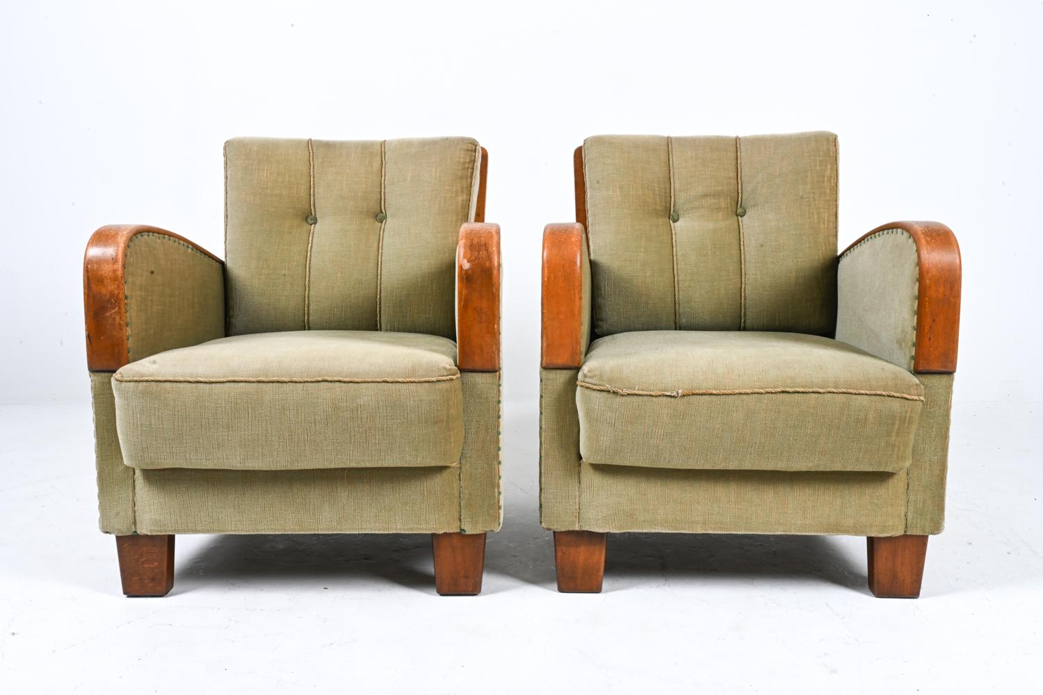 Pair of German Art Deco Oak Easy Chairs, c. 1940's In Fair Condition For Sale In Norwalk, CT