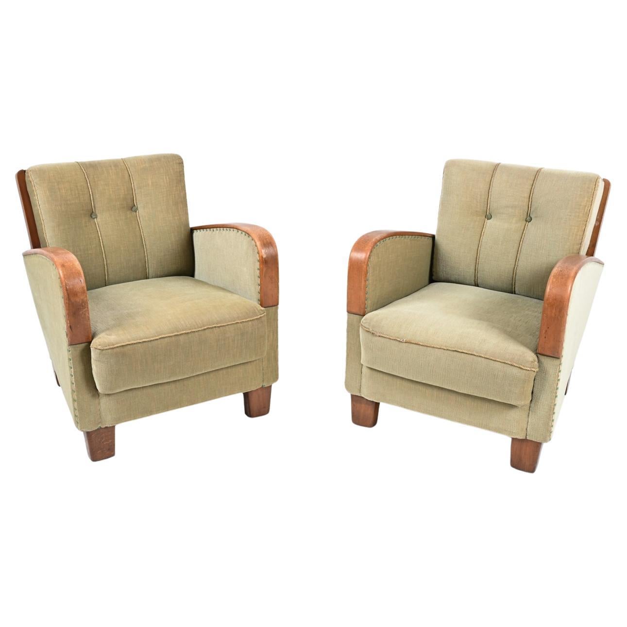 Pair of German Art Deco Oak Easy Chairs, c. 1940's For Sale