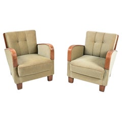 Pair of German Art Deco Oak Easy Chairs, c. 1940's