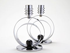Pair of German Art Deco Revival Chrome and Black Enamel Candleholders