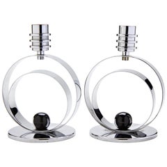 Pair of German Art Deco Revival Chrome and Black Enamel Candleholders