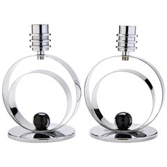 Pair of German Art Deco Revival Chrome and Black Enamel Candleholders