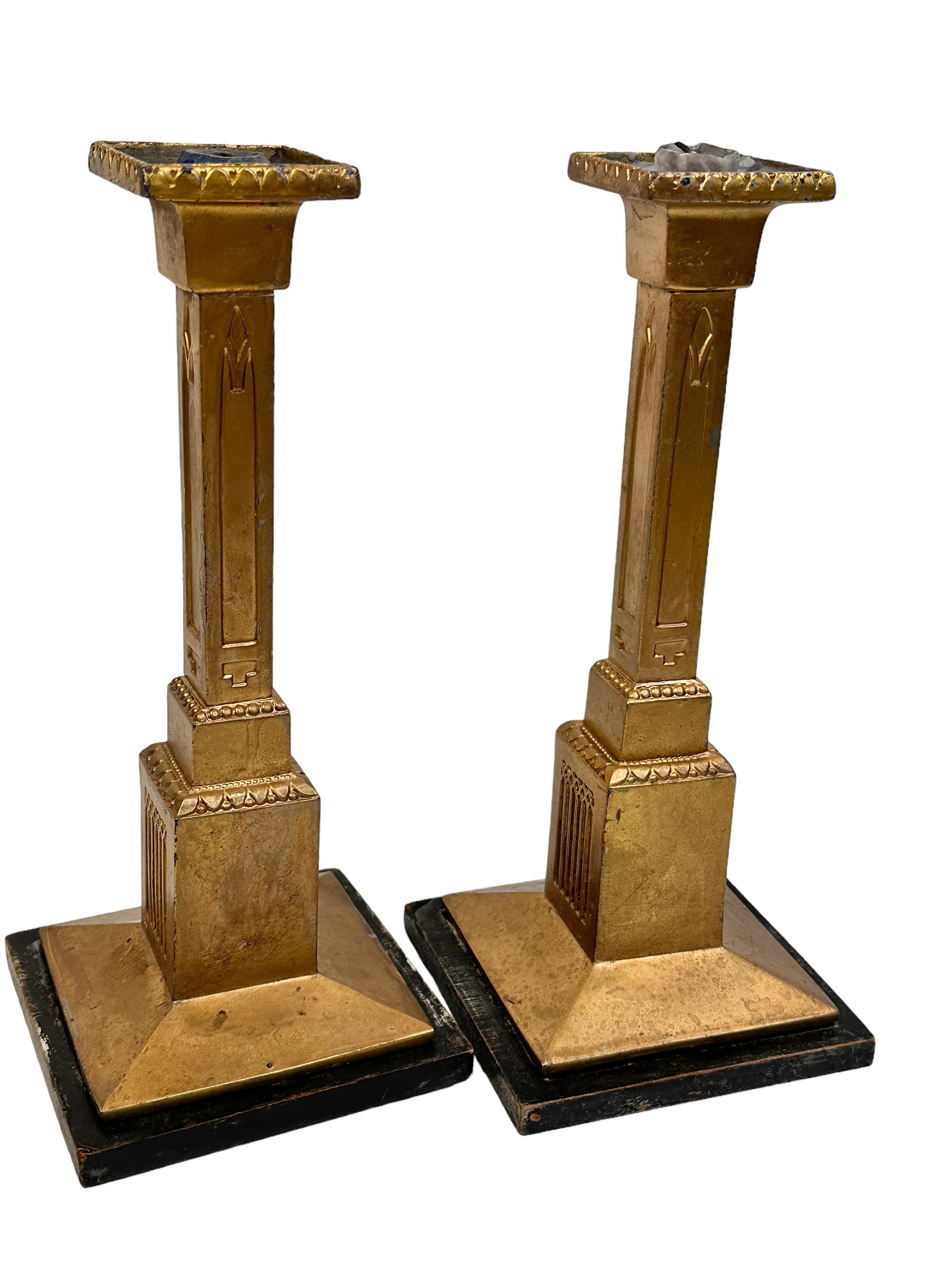 Pair of German Art Nouveau Cast Gilt Metal Squared Candlesticks Wooden Base For Sale 1