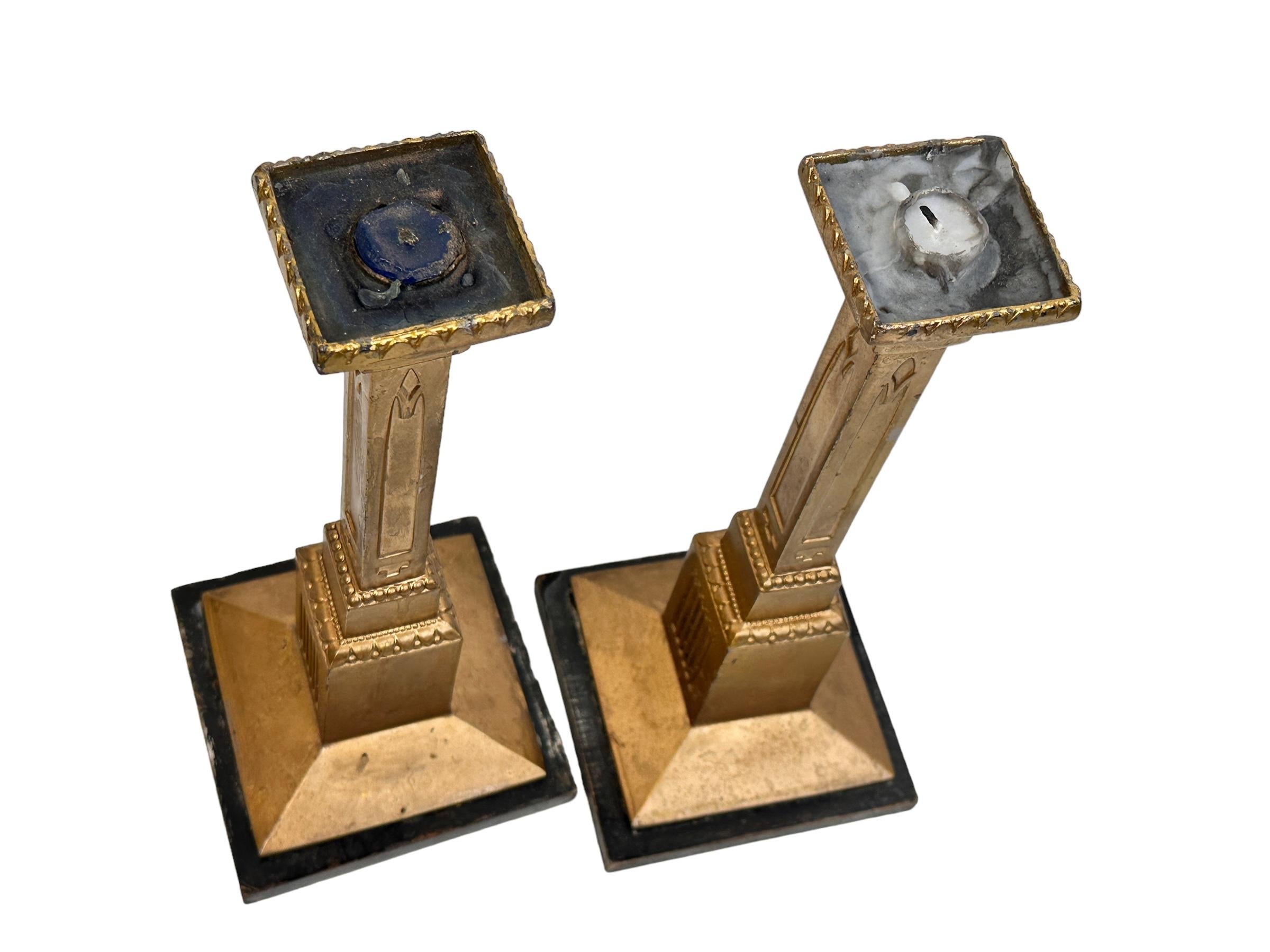 Pair of German Art Nouveau Cast Gilt Metal Squared Candlesticks Wooden Base For Sale 2