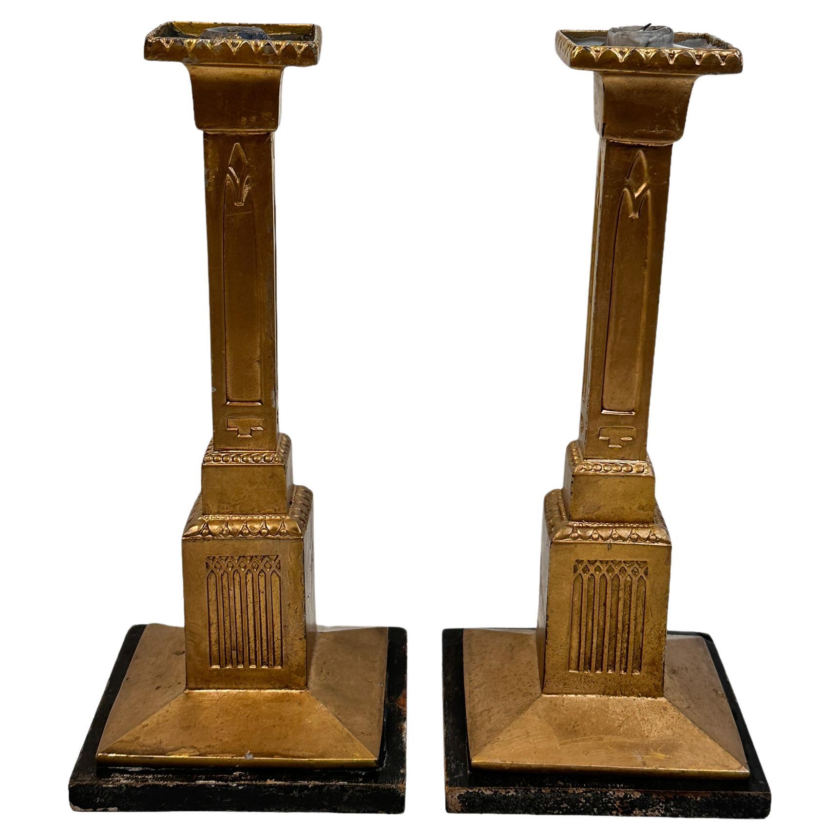 Pair of German Art Nouveau Cast Gilt Metal Squared Candlesticks Wooden Base For Sale
