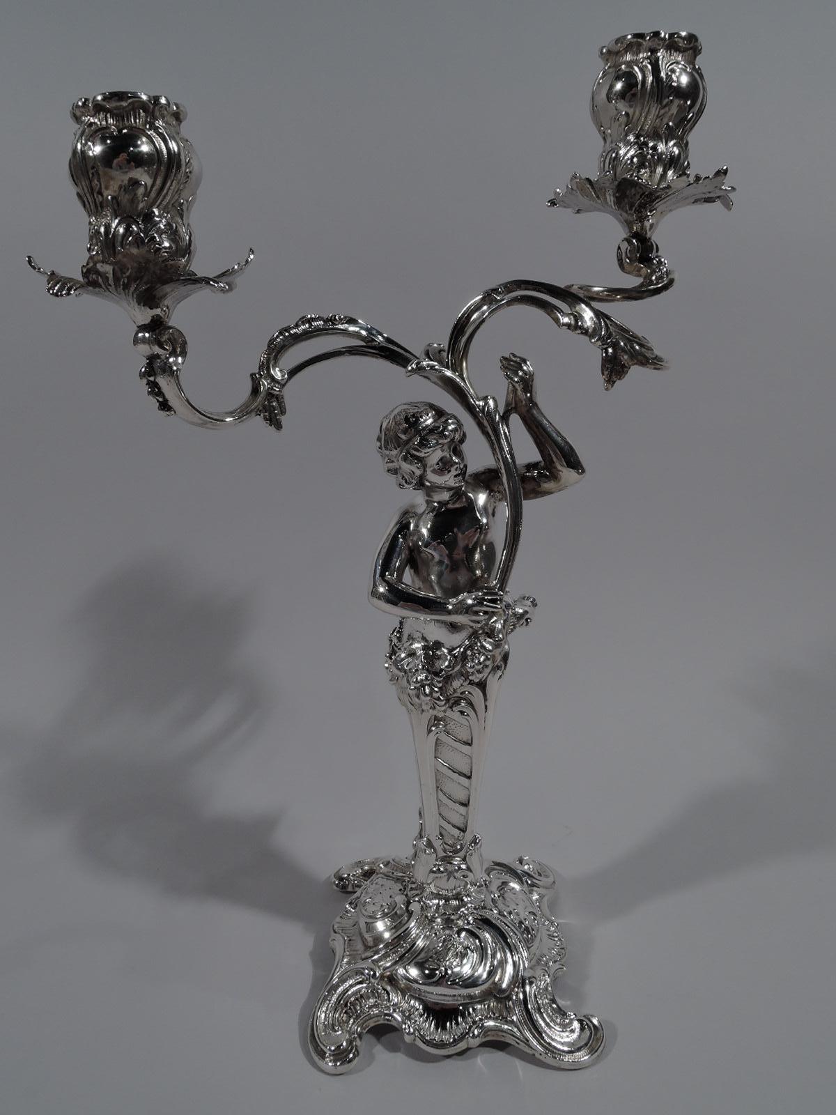 Pair of German Art Nouveau Rococo 2-Light Silver Candelabra In Excellent Condition In New York, NY