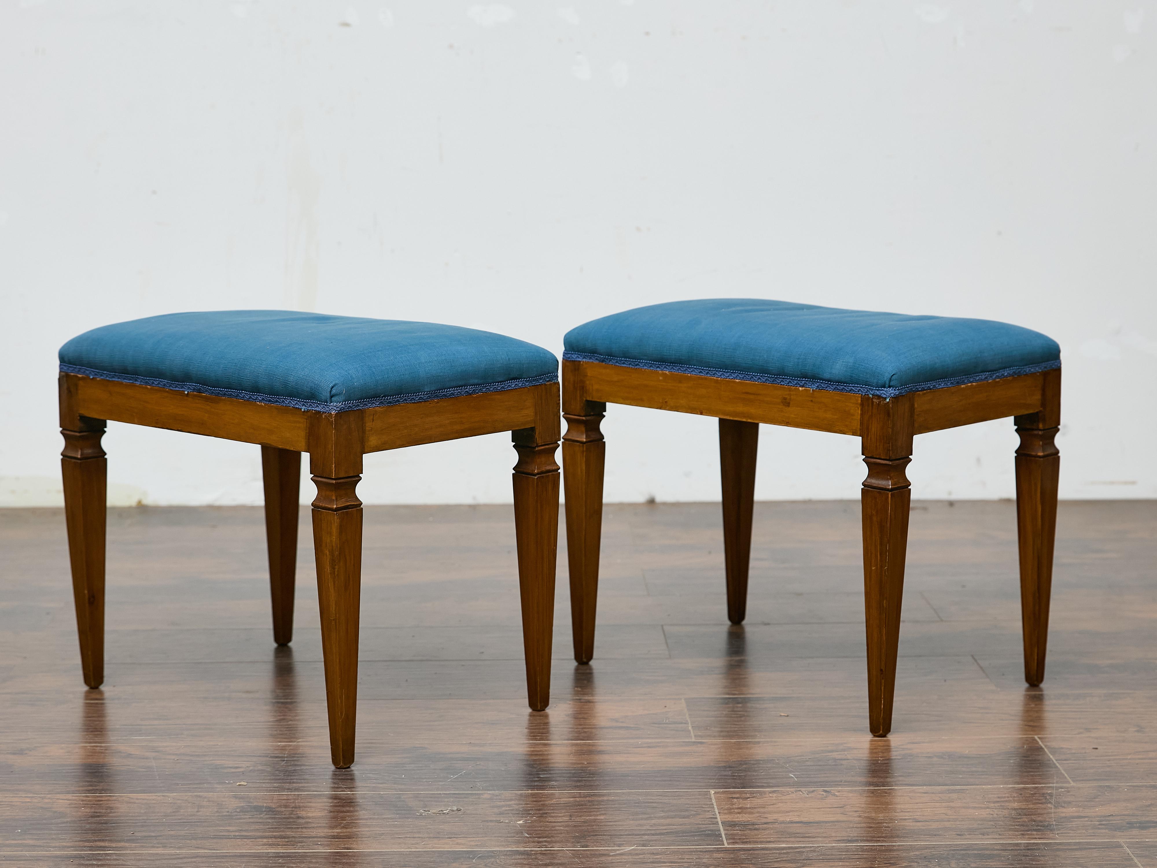 Pair of German Biedermeier Benches with Blue Upholstery and Tapered Legs In Good Condition In Atlanta, GA