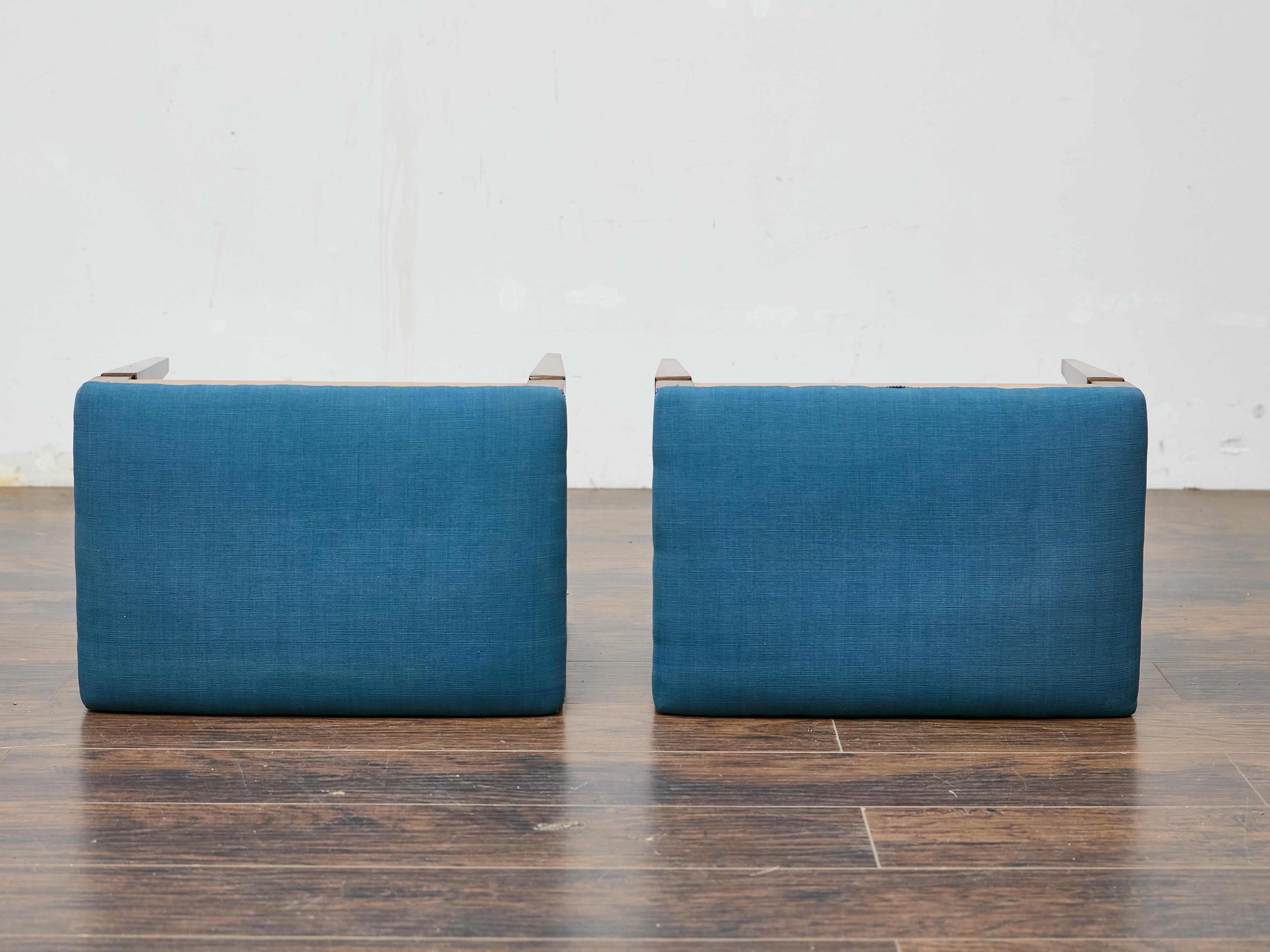 19th Century Pair of German Biedermeier Benches with Blue Upholstery and Tapered Legs