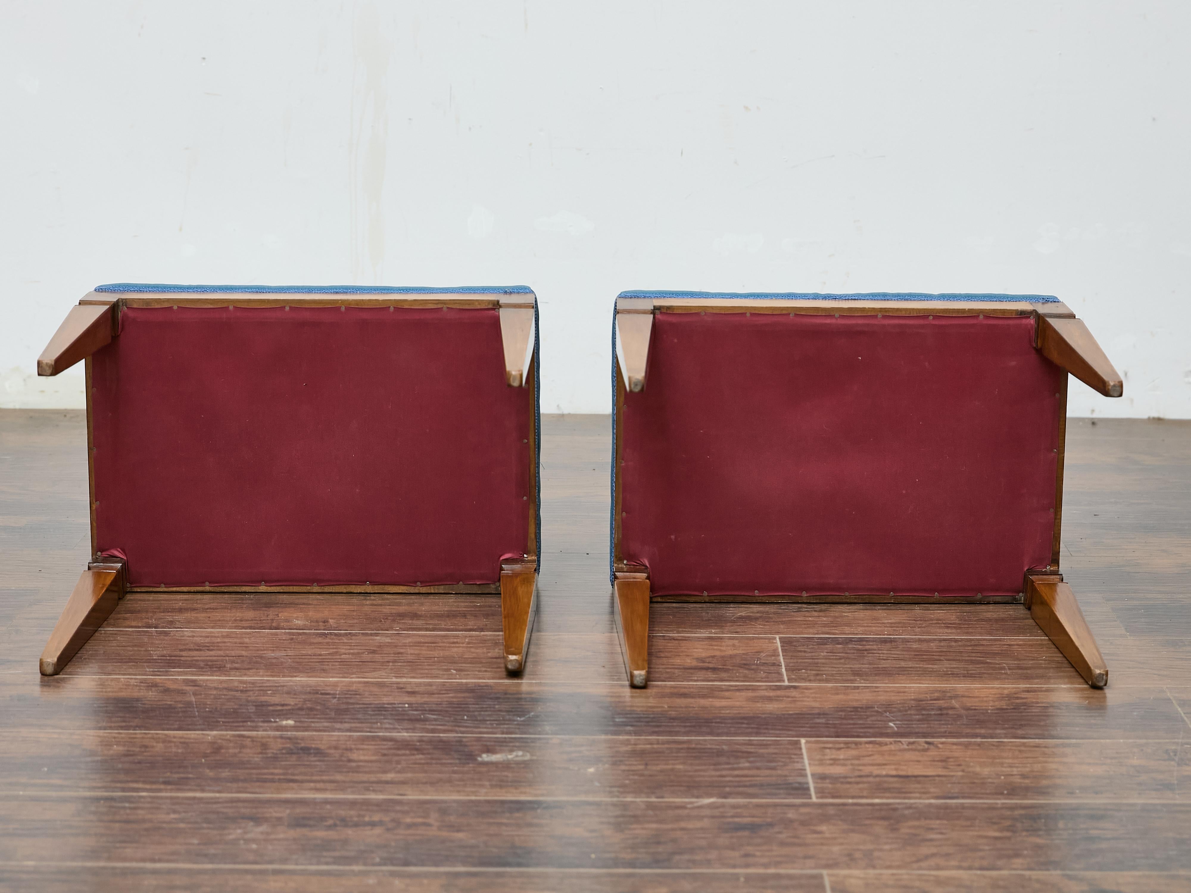 Pair of German Biedermeier Benches with Blue Upholstery and Tapered Legs 1