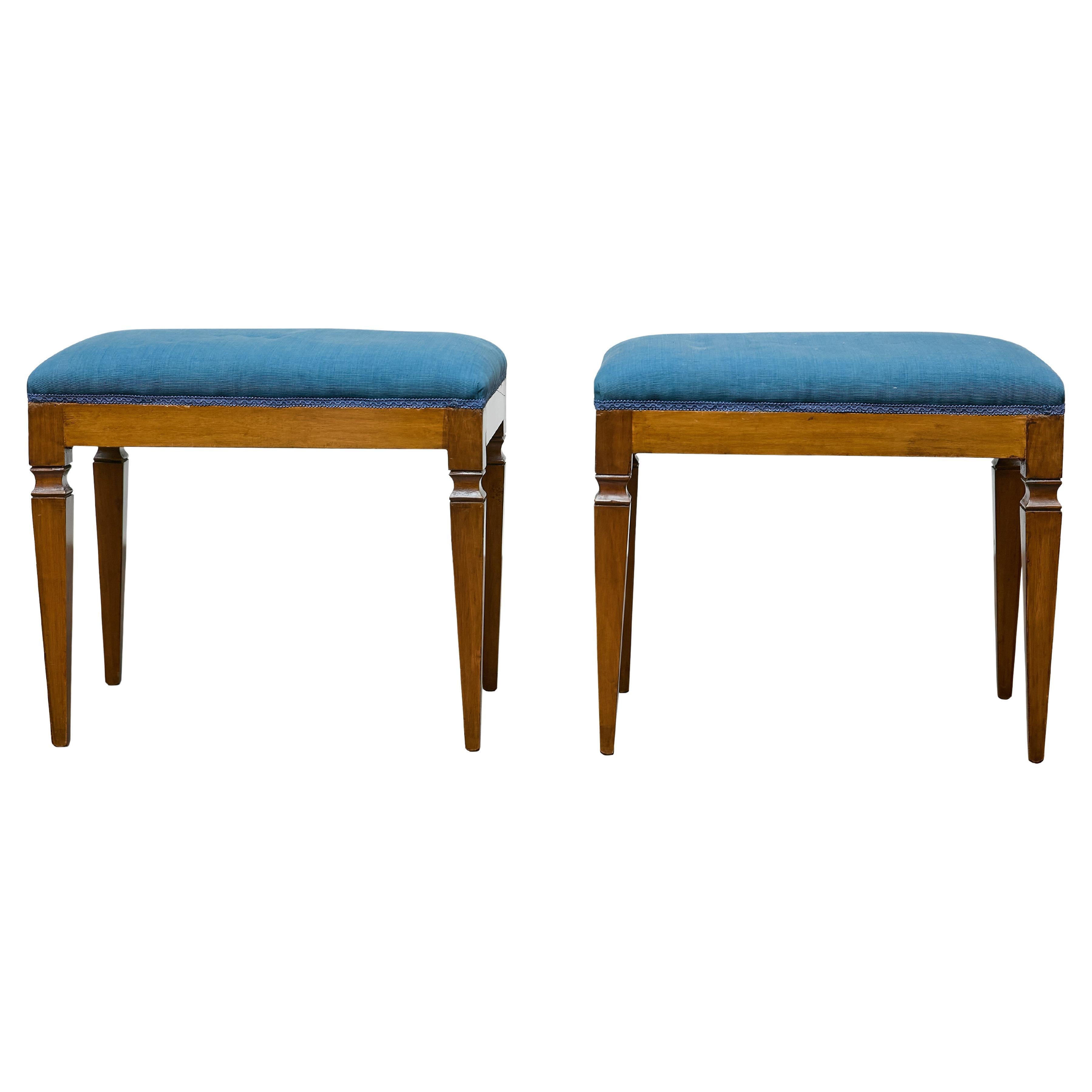 Pair of German Biedermeier Benches with Blue Upholstery and Tapered Legs