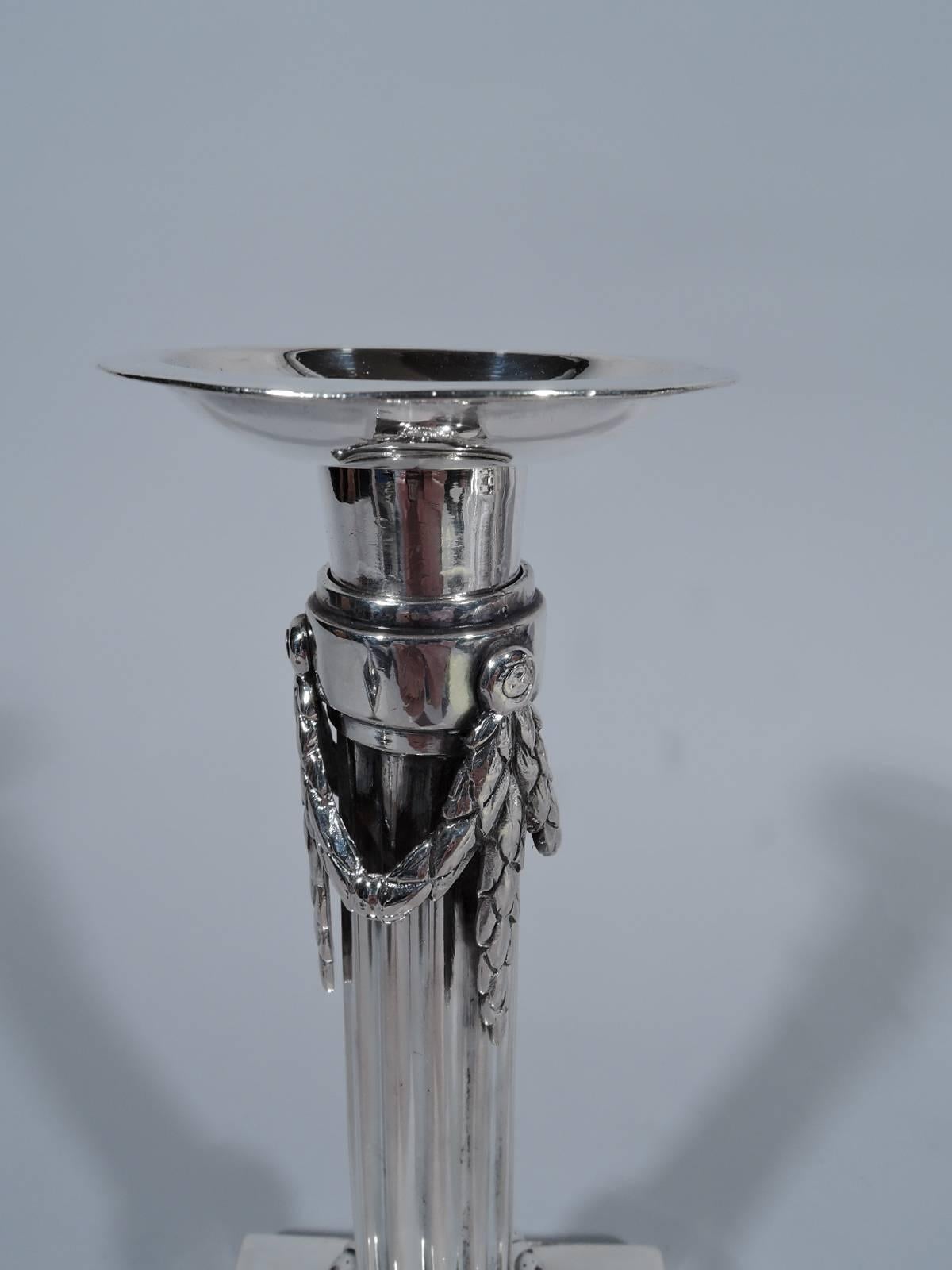 Pair of German Biedermeier Silver Classical Column Candlesticks In Good Condition In New York, NY