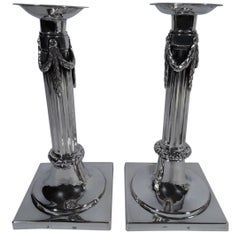 Pair of German Biedermeier Silver Classical Column Candlesticks