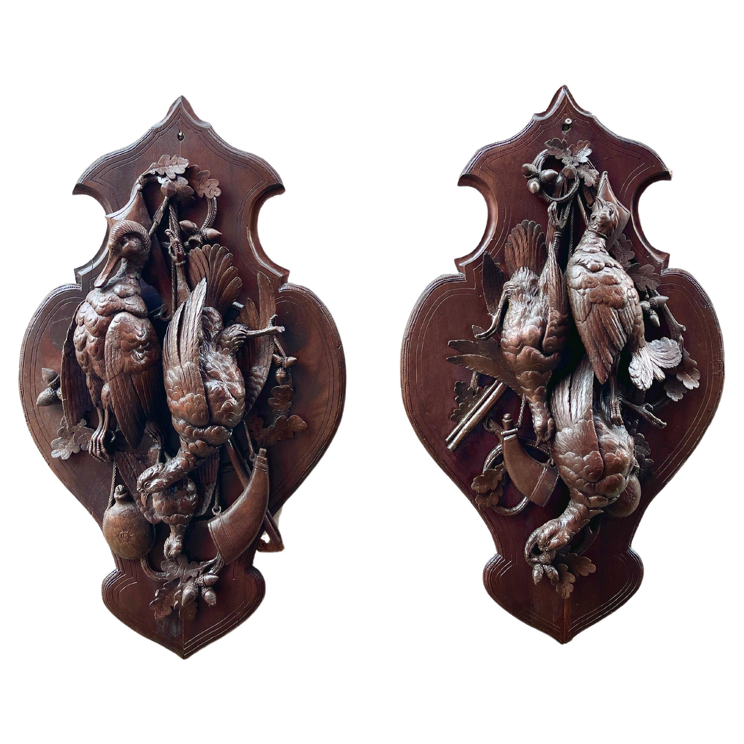 Pair of German Black Forest Game Plaques, 19th Century, wood carvings