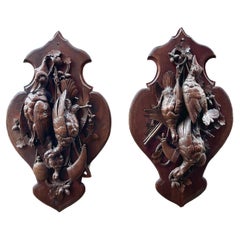 Antique Pair of German Black Forest Game Plaques, 19th Century, wood carvings