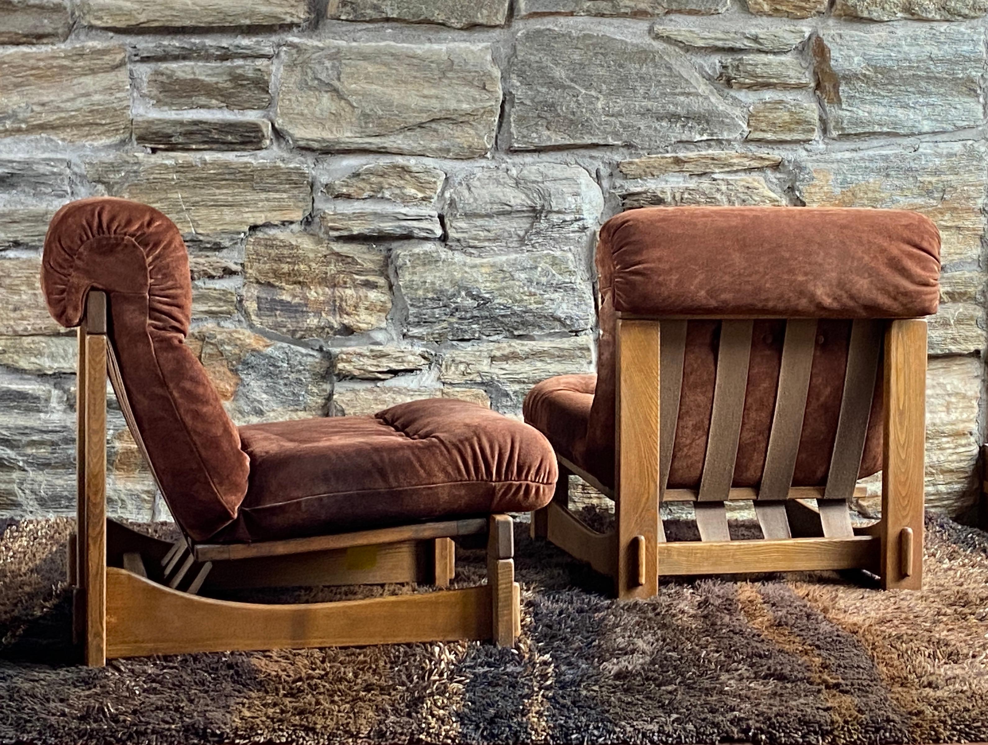 Pair of German Brutalist oak and suede lounge chairs For Sale 5