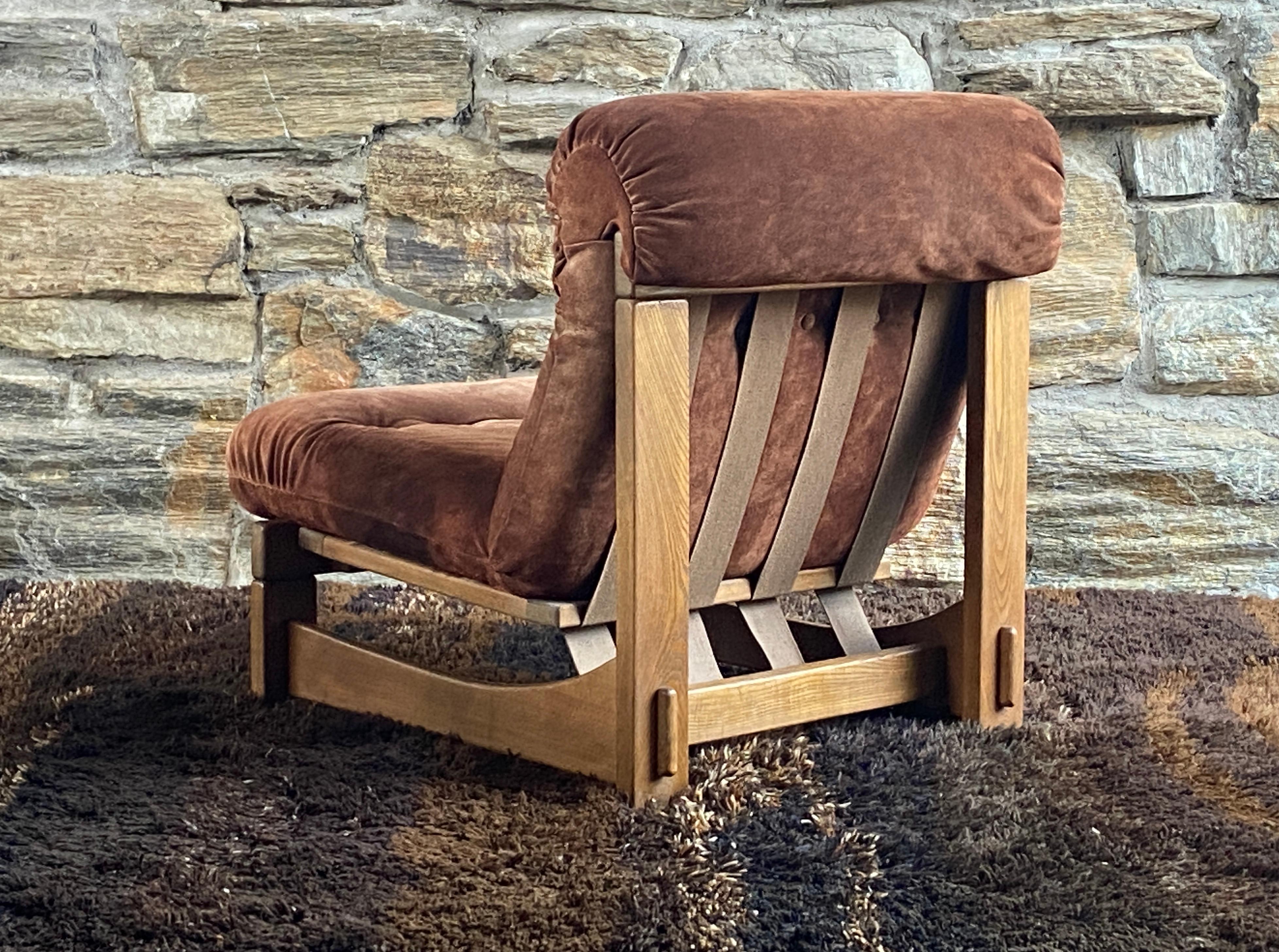 Pair of German Brutalist oak and suede lounge chairs 3
