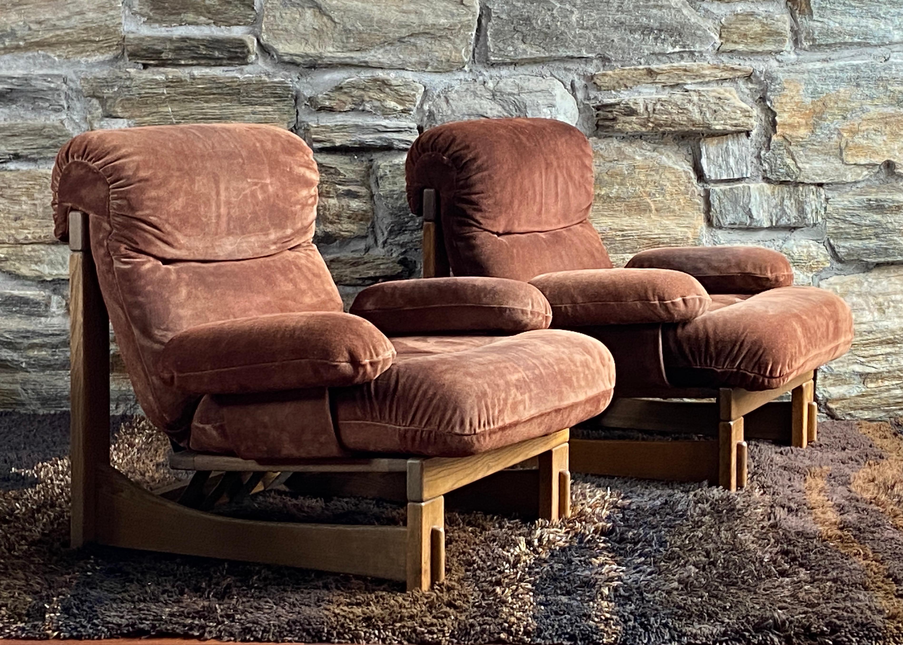 Pair of German Brutalist oak and suede lounge chairs For Sale 4