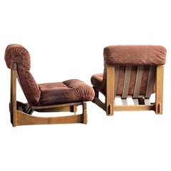 Pair of German Brutalist oak and suede lounge chairs