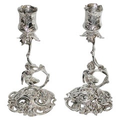 Pair of German Cast Silver Embossed Candlesticks Dated Circa 1890