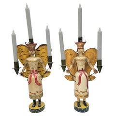 Paire de sculptures d'anges de Noël allemandes vintage fabriquées à la main
