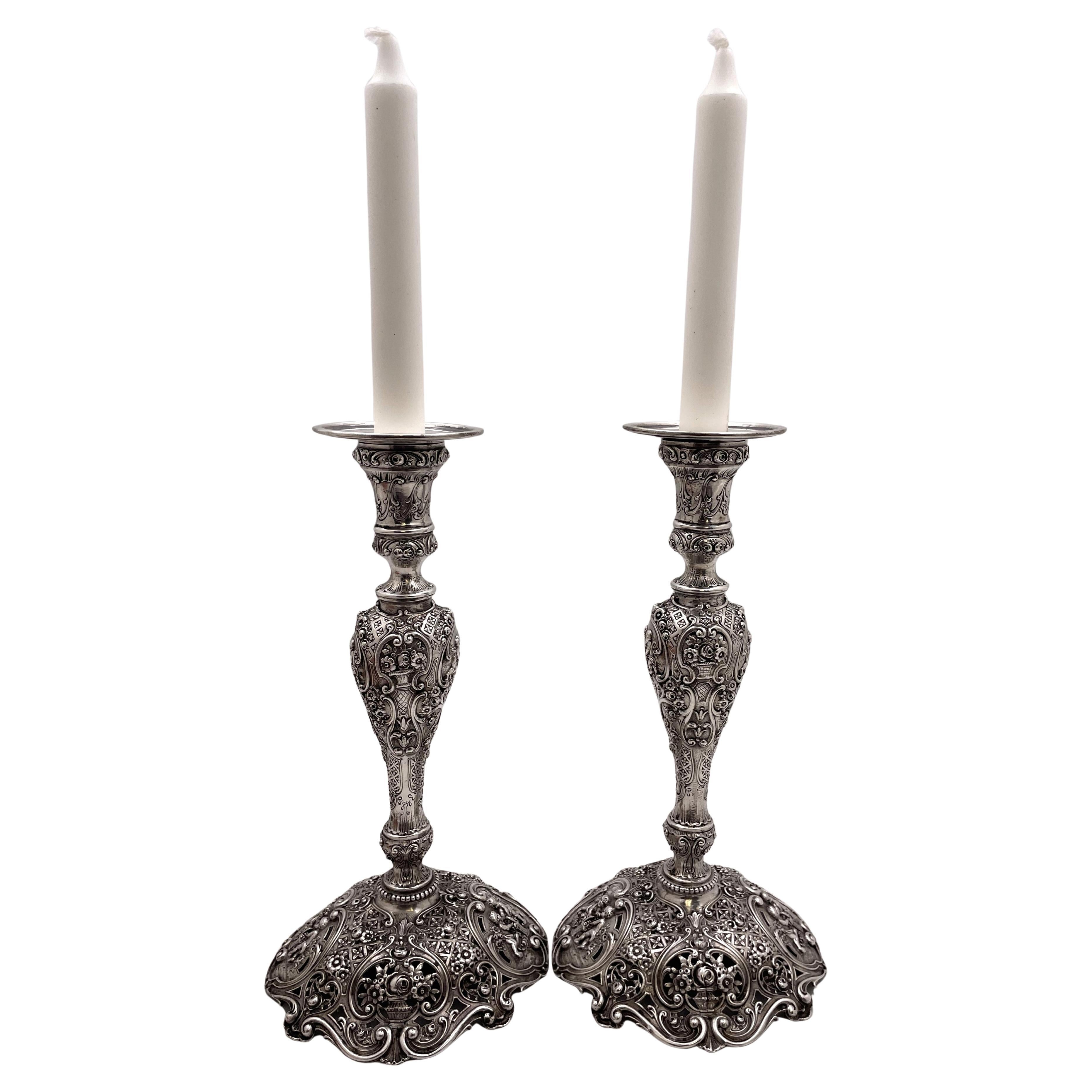 Pair of German Continental Silver Shabbat Candlesticks from 19th Century Ornate
