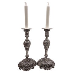 Pair of German Continental Silver Shabbat Candlesticks from 19th Century Ornate