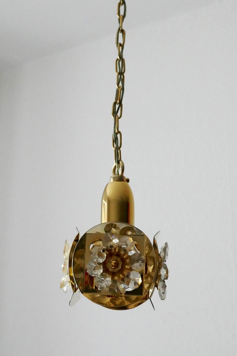 Hollywood Regency Pair of German Crystal Glass and Gold Brass Chandeliers Pendants by Palwa, 1960s For Sale