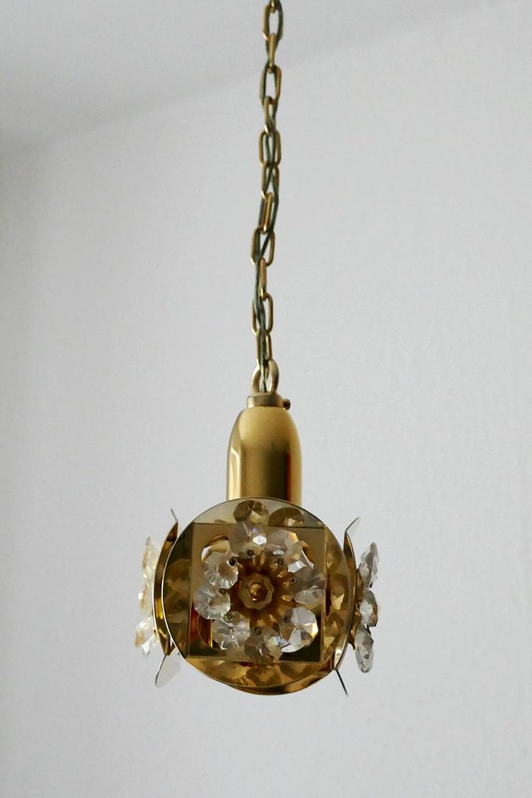 Pair of German Crystal Glass and Gold Brass Chandeliers Pendants by