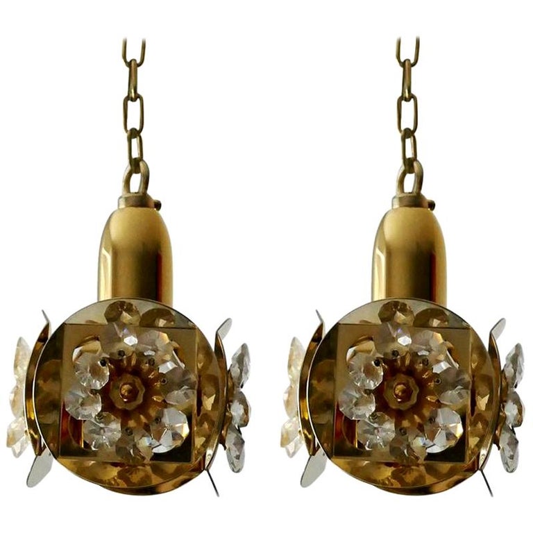 Pair of German Crystal Glass and Gold Brass Chandeliers Pendants by