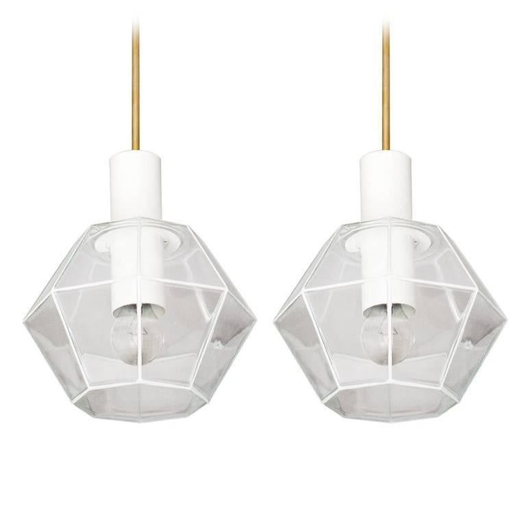 Lacquered Pair of German Vintage Art Deco Style Glass Metal Pendants Ceiling Lights 1960s For Sale